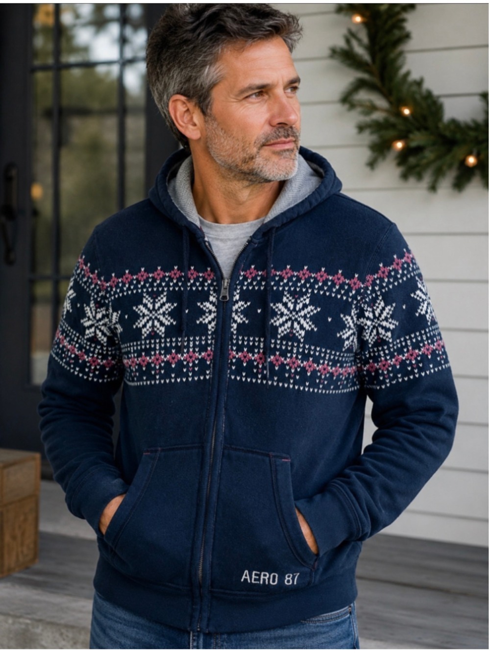 Aeropostale Fair Isle Fleece Lined Zip Hoodie Navy Snowflake Full Zip Size Large